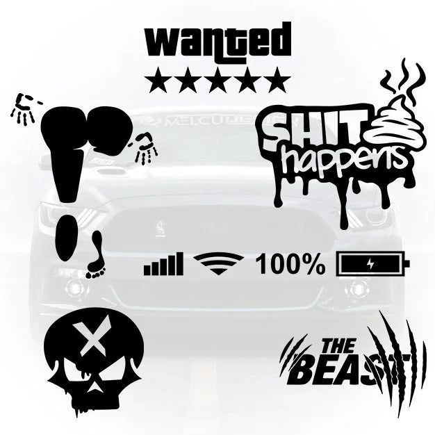 Set de 6 stickere auto cu tematică mixtă: logoul Wanted cu 5 stele (GTA style), mesajul „Shit happens” cu grafică amuzantă, indicator de semnal și baterie 100%, textul „The Beast” cu urme de gheare, un craniu stilizat cu X și o siluetă feminină provocatoare.