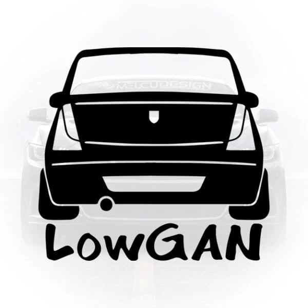 Sticker auto reprezentand partea din spate a unei Dacia Logan modificate cu textul LowGan