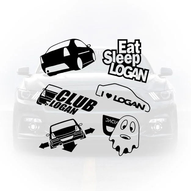 Set de 6 stickere auto dedicate modelului Dacia Logan, incluzând: silueta laterală a mașinii, textul „Eat Sleep Logan”, logoul „Club Logan”, mesajul „I ❤️ Logan”, o vedere din spate a mașinii cu săgeți de direcție și o fantomă amuzantă care ține logoul Dacia.