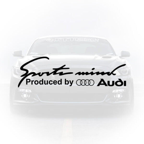 Sticker auto Sports Mind Produced by Audi, culoare neagra, aplicat pe capota masinii, accesorii tuning Audi melcudesign.ro