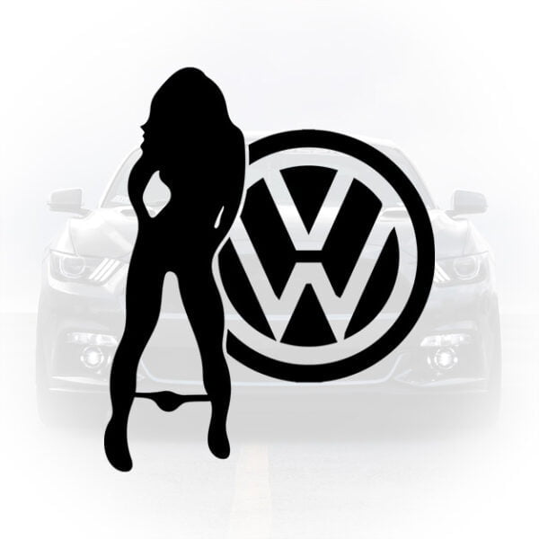 Sticker auto negru cu silueta unei fete stând lângă logoul rotund Volkswagen