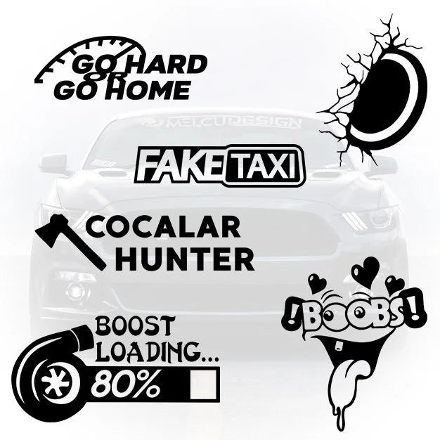 Set 6 stickere auto amuzante, conținând grafica: Fake Taxi, Go Hard or Go Home cu vitezometru, Cocalar Hunter cu secure, Boost Loading 80% cu turbină, un personaj comic cu inimi și o gaură de glonț/impact simulată.
