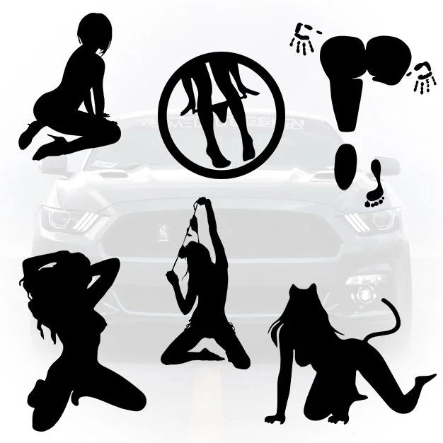 Set de 6 stickere auto decorative cu siluete feminine sexy, stil pin-up modern. Include diverse ipostaze artistice și provocatoare, decupate pe contur, ideale pentru personalizarea caroseriei sau a geamurilor auto.