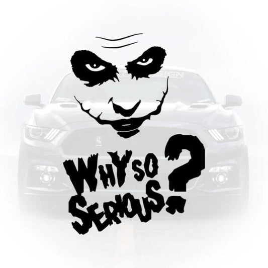 Sticker auto negru cu fata lui Joker și textul Why So Serious aplicat pe capota unei mașini sport.
