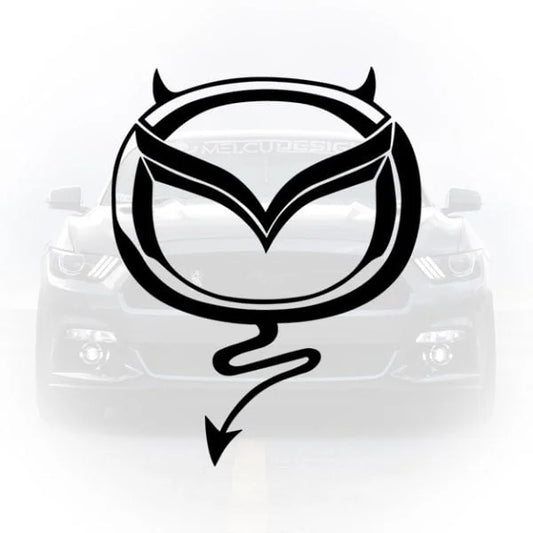 Sticker auto cu logoul marcii Mazda personalizat cu coarne si coada de drac
