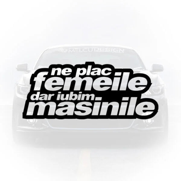 Sticker auto cu textul Ne plac femeile dar iubim mașinile, scris cu litere îngroșate și moderne, aplicat pe fundalul unei mașini sport.