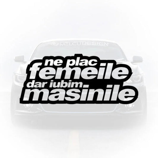 Sticker auto cu textul Ne plac femeile dar iubim mașinile, scris cu litere îngroșate și moderne, aplicat pe fundalul unei mașini sport.