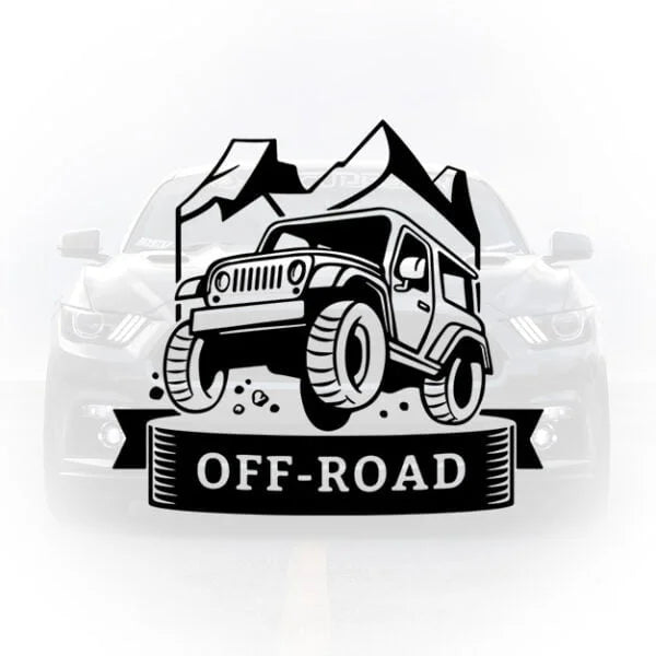 Sticker auto cu mașină de teren Jeep și munți pentru pasionații de Off Road
