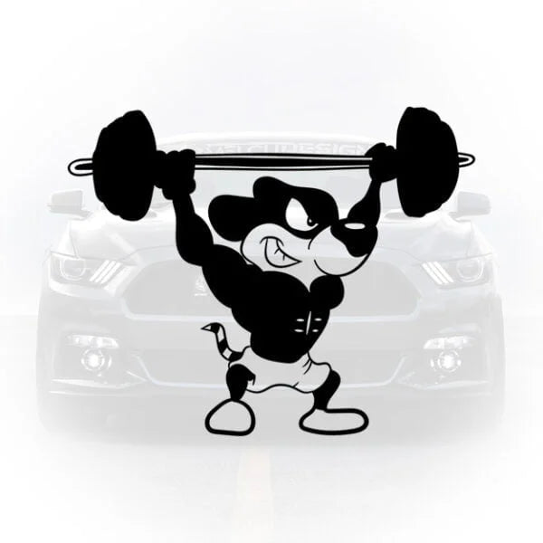 Sticker auto negru cu un personaj tip șoarece musculos ridicând o halteră deasupra capului