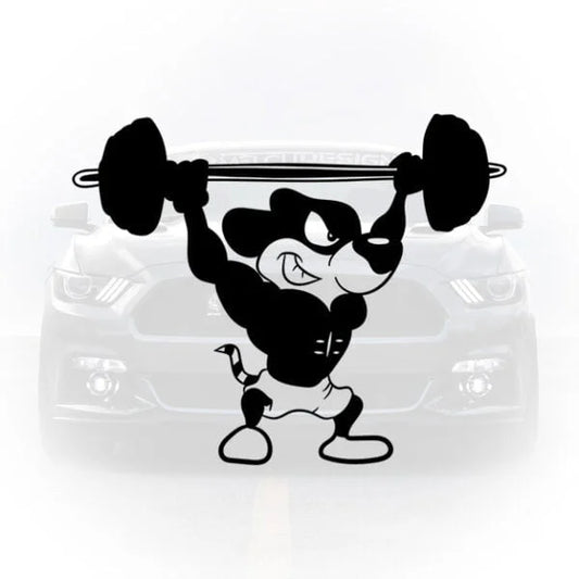 Sticker auto negru cu un personaj tip șoarece musculos ridicând o halteră deasupra capului