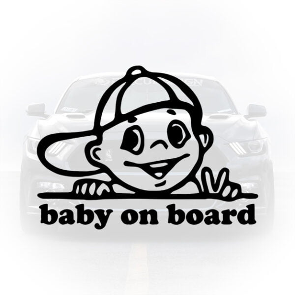 Sticker auto „Baby On Board” cu băiețel simpatic, vizibil și rezistent pentru mașină