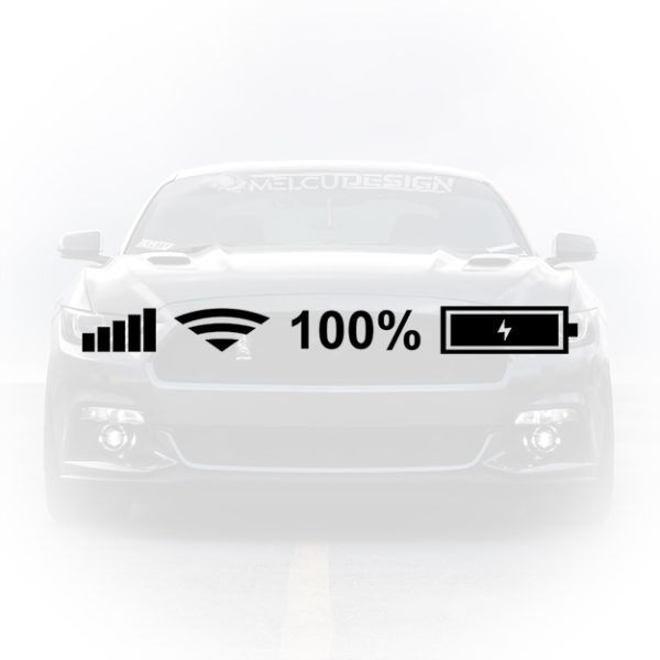 Sticker auto negru reprezentând pictograme de semnal telefon wifi și baterie încărcată 100 la sută.