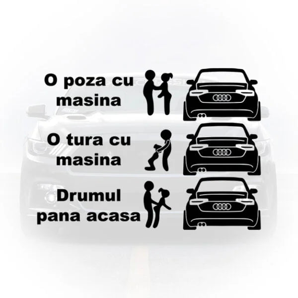 Sticker amuzant Audi, decal No Free Riders, autocolant Gas or Ass Audi, accesorii tuning haioase, sticker inele Audi funny, vinyl decal auto mesaje, tuning exterior Audi A4 A3 A6, sticker lunetă amuzant, accesorii styling Audi România.