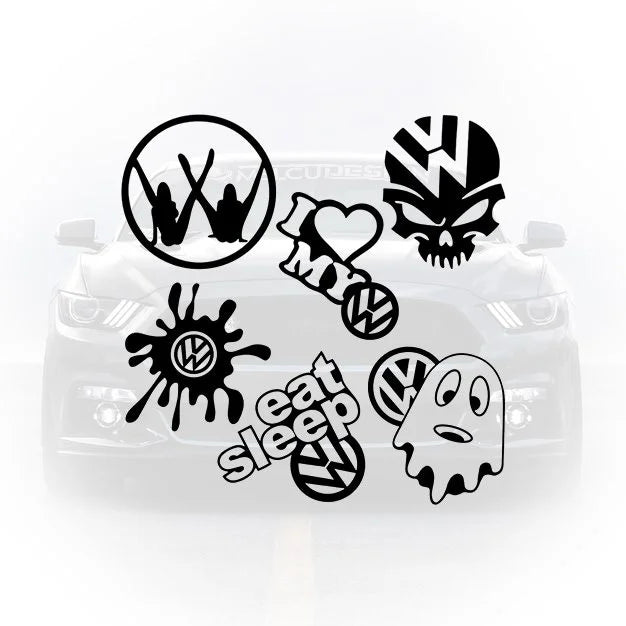 Set de 6 stickere auto tematice Volkswagen (VW): craniu cu logo VW pe frunte, fantomă (ghost) cu logo VW, mesajul „Eat Sleep VW”, inima „I Love My VW”, logo VW cu siluete feminine în interior și logo VW stilizat sub formă de pată de vopsea (splash).