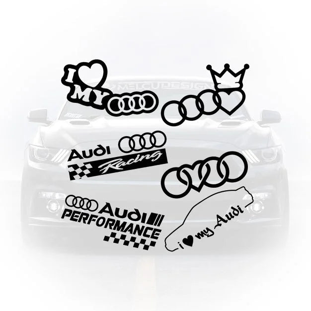 Set de 6 stickere auto tematice Audi: logourile Audi Racing și Audi Performance cu steag de finish, „I love my Audi” cu inimă și silueta mașinii, inelele Audi împletite cu o inimă și varianta cu coroană.