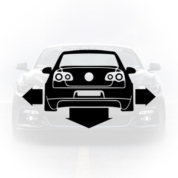 Sticker auto negru cu silueta din spate a unui Volkswagen Passat B6 coborât (low) cu săgeți laterale