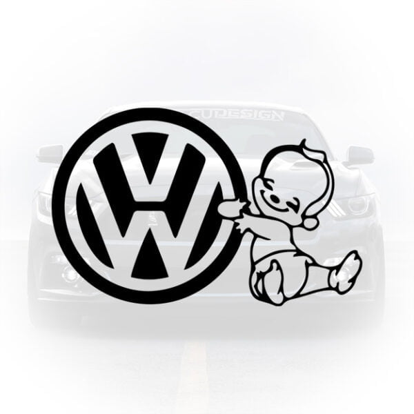 Sticker auto negru logo Volkswagen cu bebelus MelcuDesign pentru fanii VW