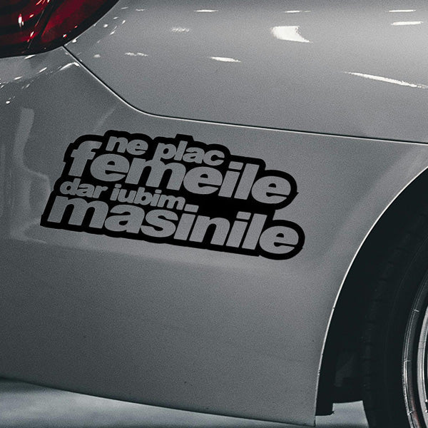Sticker auto cu textul Ne plac femeile dar iubim mașinile, scris cu litere îngroșate și moderne, aplicat pe fundalul unei mașini sport.