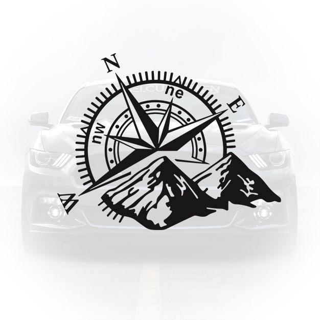 Sticker auto – Munți și Busolă – off‑road și aventură

