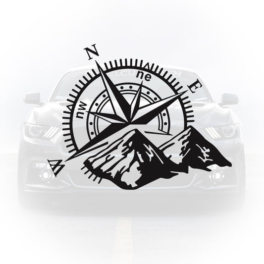 Sticker auto – Munți și Busolă – off‑road și aventură
