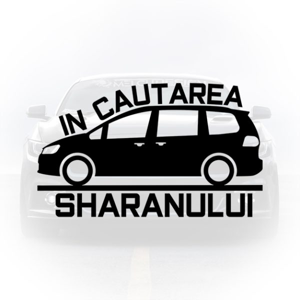 Sticker auto negru cu silueta Volkswagen Sharan și textul „În Căutarea Sharanului”, design amuzant pentru fanii VW.